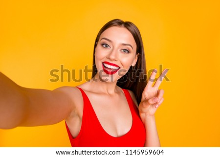 People person lifestyle facial emotion expressing delight concept. Close up photo portrait of pretty cute nice glad charming stunning lady giving v-sign isolated background