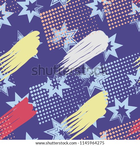 A seamless pattern consisting of paintings painted with spots, greasy streaks and a background of seven-pointed stars.