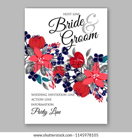 Autumn floral wedding invitation red and dark blye peony anemone 