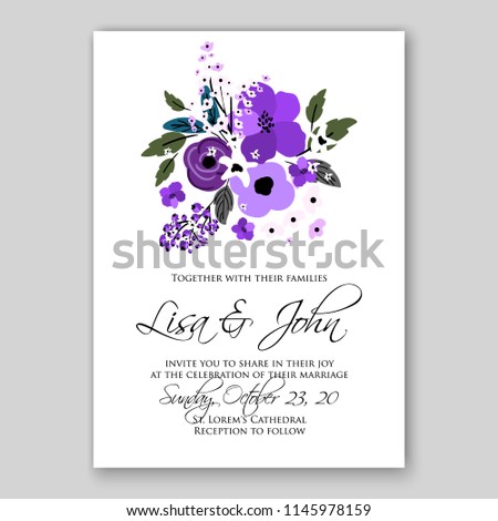 Autumn floral wedding invitation purple violet anemone poppy