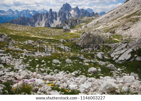 Mountain hut Rifugio Lavaredo at the foot of the Three Peaks Mountains, Sexten Dolomites