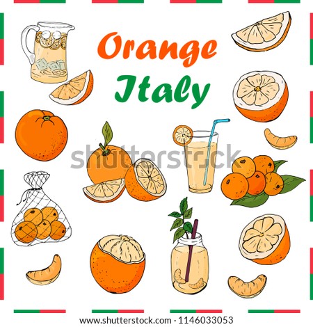 Set of oranges and drinks