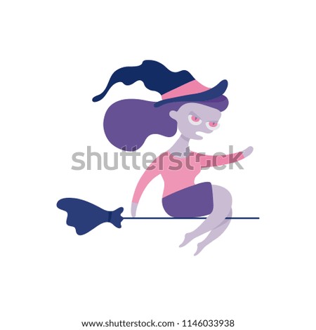 Spooky woman witch in pointed hat flying at broomstick. Halloween holiday magic symbol, fantasy female character for mystery trick or treat kids tradition celebration decoration. Vector illustration