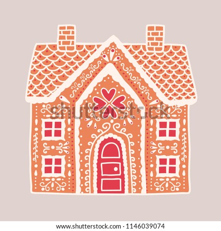 Traditional gingerbread house isolated on light background. Delicious baked product shaped like two-storey residential building and decorated with icing. Flat cartoon colorful vector illustration Royalty-Free Stock Photo #1146039074