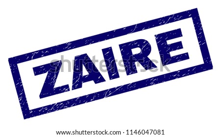 Rectangle ZAIRE seal print with corroded texture. Rubber seal imitation has rectangle frame. Blue vector rubber print of ZAIRE caption with dust texture.