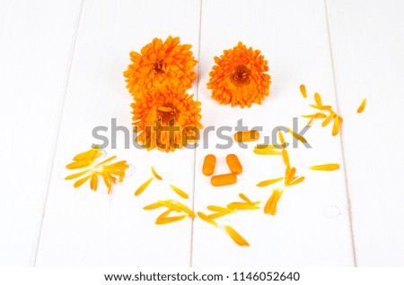 Medical preparations based on medicinal herbs. Flowers of calendula marigold. Studio Photo