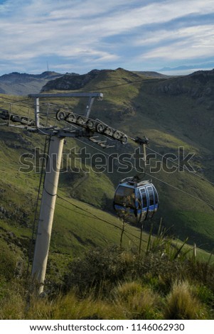 Travel New Zealand. Landscape scenic view of Christchurch Gondola cabin, popular tourist attraction/activity in South Island.