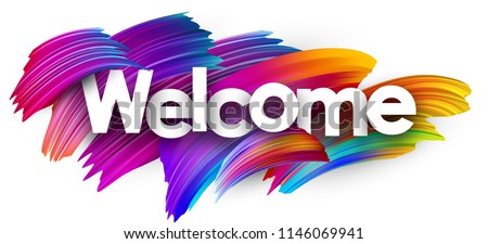 Welcome poster with spectrum brush strokes on white background. Colorful gradient brush design. Vector paper illustration.
 Royalty-Free Stock Photo #1146069941