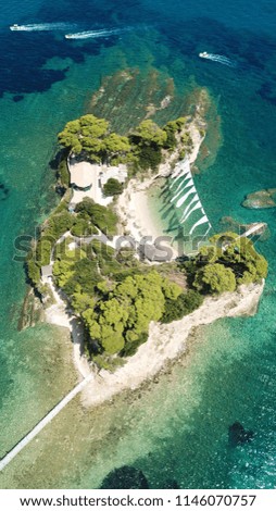 Aerial drone view of famous islet of Cameo in Agios Sostis area of Laganas, Zakynthos island, Ionian Greece