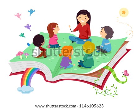 Illustration of Stickman Kids with Teacher Telling Story on Top of an Open Book Royalty-Free Stock Photo #1146105623