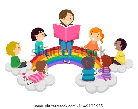 Illustration of Stickman Kids and Teacher Reading a Book and Sitting on a Rainbow