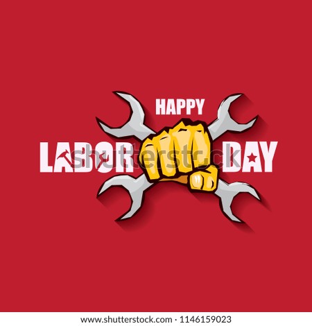 labor day Usa vector label or background. vector happy labor day poster or banner with clenched fist isolated on red . Labor union icon