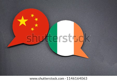 China and Ireland flags with two speech bubbles on dark gray background