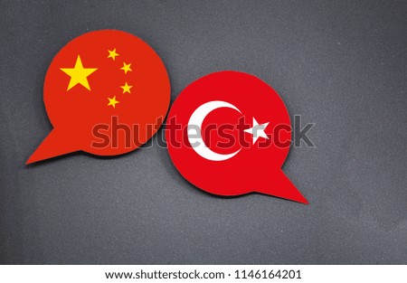 China and Turkey flags with two speech bubbles on dark gray background