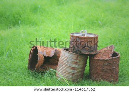 rusty can on young grass