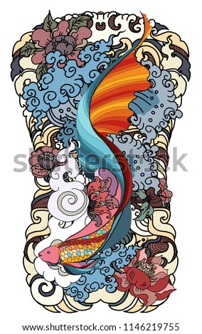 Thai fighting fish tattoo design.Thai buddhism and Animal of Himmapan forest in smoke and cloud vector.Thai beta fish with peony flower coloring book tattoo background.