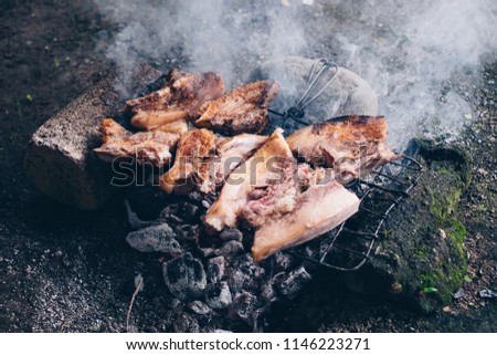 Cooking meat slices on makeshift grill above the burning charcoals. Selective focus. Copy space. 