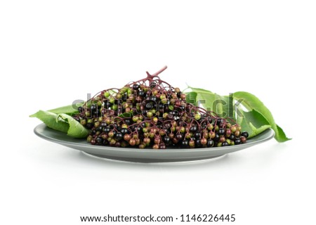 Lot of whole fresh european black elderberry on grey ceramic plate isolated on white background