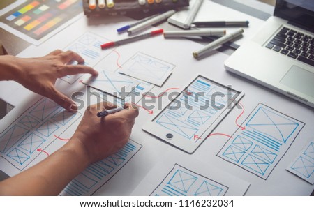 ux Graphic designer creative  sketch planning application process development prototype wireframe for web mobile phone . User experience concept. Royalty-Free Stock Photo #1146232034