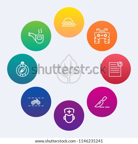 Modern, simple vector icon set on colorful circle backgrounds with house, doctor, environment, pine, classic, pipe, dirt, medicine, old, forest, transportation, sunrise, direction, hospital, sun icons