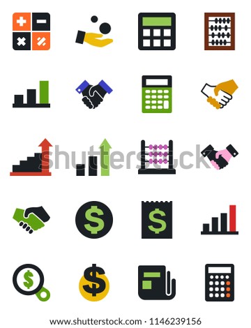 Color and black flat icon set - handshake vector, growth statistic, dollar sign, calculator, abacus, receipt, news, bar graph, money search, investment