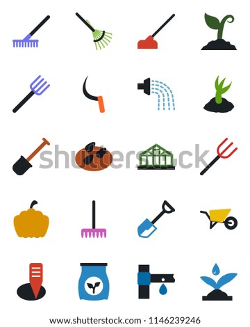 Color and black flat icon set - shovel vector, farm fork, rake, wheelbarrow, watering, sproute, hoe, sickle, plant label, pumpkin, greenhouse, seeds, fertilizer, drip irrigation
