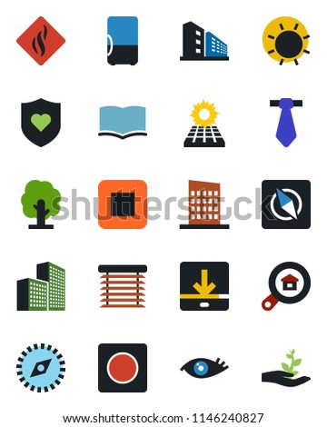 Color and black flat icon set - book vector, tree, sun, heart shield, eye, stop button, record, download, compass, office building, panel, estate search, city house, smoke detector, jalousie, fridge