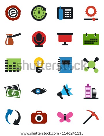 Color and black flat icon set - presentation board vector, bulb, stamp, butterfly, eye, molecule, cash, camera, equalizer, microphone, update, brightness, calendar, copybook, office phone, building