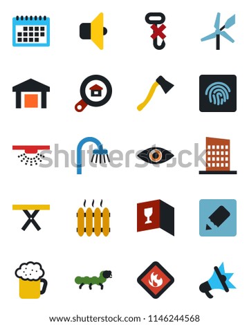 Color and black flat icon set - axe vector, caterpillar, picnic table, eye, no hook, warehouse, flammable, notes, fingerprint id, calendar, estate search, bathroom, heater, city house, wine card