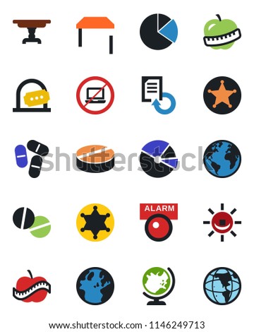 Color and black flat icon set - no laptop vector, ticket office, globe, document reload, pills, diet, earth, pie graph, table, police, alarm led