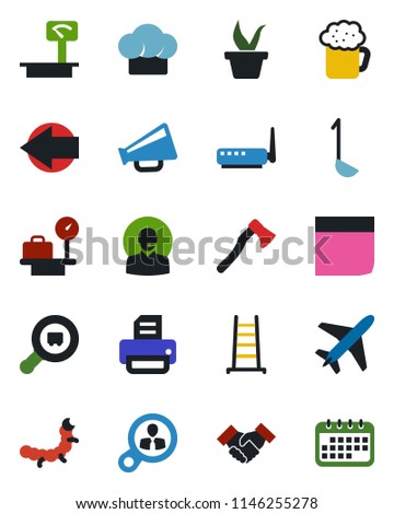 Color and black flat icon set - plane vector, left arrow, luggage scales, printer, ladder, seedling, axe, caterpillar, heavy, search cargo, loudspeaker, blank box, support, handshake, cook hat, beer