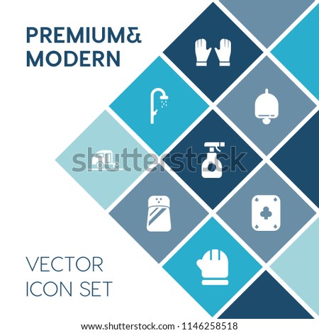 Modern, simple vector icon set on blue colorful background with sound, head, ring, shower, bathroom, sign, wet, season, pesticide, chemical, spray, spice, call, warm, water, hygiene, travel icons