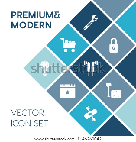 Modern, simple vector icon set on blue colorful background with commerce, key, furniture, wrench, chair, equipment, extreme, table, star, water, audio, river, party, retail, activity, sky, music icons
