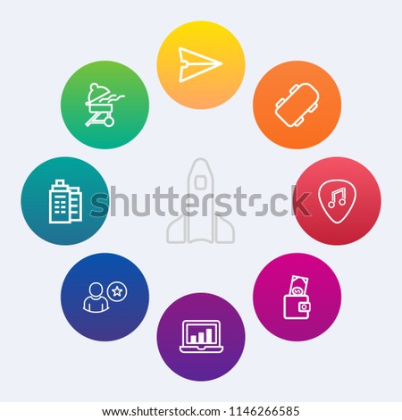 Modern, simple vector icon set on colorful circle backgrounds with rocket, music, email, skateboard, white, musical, building, business, house, estate, food, wallet, profile, space, barbecue icons