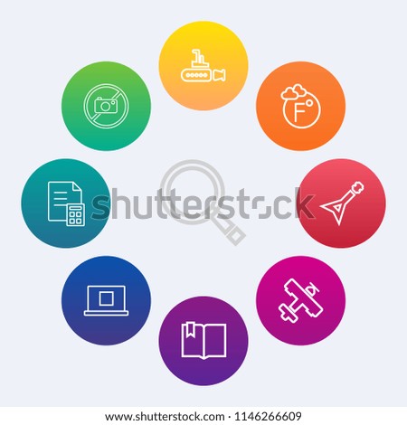 Modern, simple vector icon set on colorful circle backgrounds with aircraft, airplane, business, flight, guitar, internet, finance, underwater, money, camera, ocean, scale, profile, web, marine icons