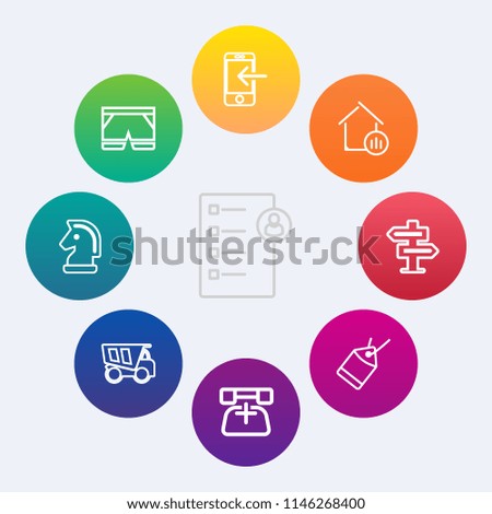 Modern, simple vector icon set on colorful circle backgrounds with real, paper, document, business, dump, work, telephone, horse, chessboard, employee, mobile, short, label, room, job, shorts icons