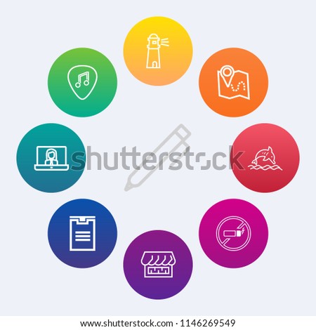 Modern, simple vector icon set on colorful circle backgrounds with water, animal, nature, shop, light, ocean, technology, tobacco, paper, rock, pen, cigarette, video, guitar, school, drawing, no icons