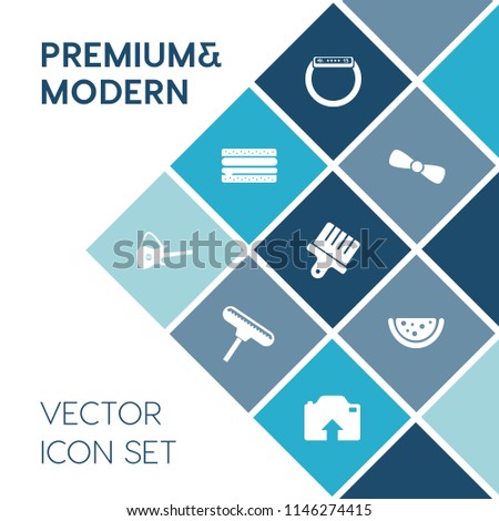 Modern, simple vector icon set on blue colorful background with concert, fresh, element, white, snack, watermelon, meal, device, paint, tool, vegetarian, technology, screen, bow, meat, fruit icons
