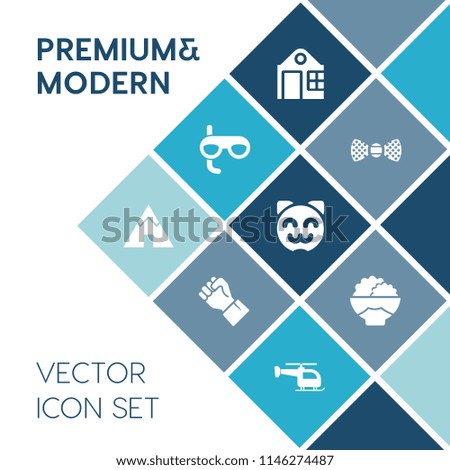 Modern, simple vector icon set on blue colorful background with construction, camp, adventure, tie, architecture, real, business, human, accessory, grain, flight, outdoor, asian, rice, scuba icons