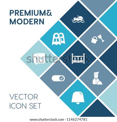 Modern, simple vector icon set on blue colorful background with water, bucket, gambling, game, card, dinner, diver, baby, furniture, equipment, nursery, poker, industrial, sport, transport, bed icons