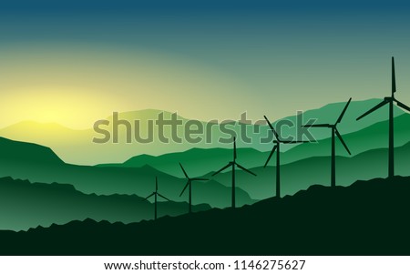 Green energy concept - Silhouette of landscape view of wind power turbine among mountain hill with sky in the early morning and copy space for text in the sky Royalty-Free Stock Photo #1146275627