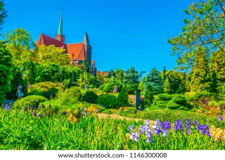 Church of the Holy Cross and St Bartholomew viewed from the university botanical garden in Wroclaw, Poland
