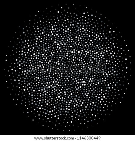 Round circle of silver dots or glitter confetti splash. Vector glittery sparkling firework splatter background template for greeting cards or fashion backdrop design