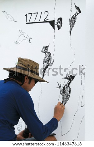 Man painting art drawings on the front door of the house is a woodpecker.