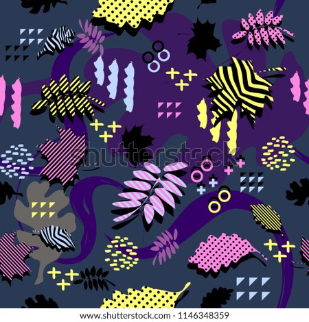Awesome unique autumn fall foliage vector pattern with memphis geometric trendy colorful abstract. Maple leaves on hipster multicolor pattern vector