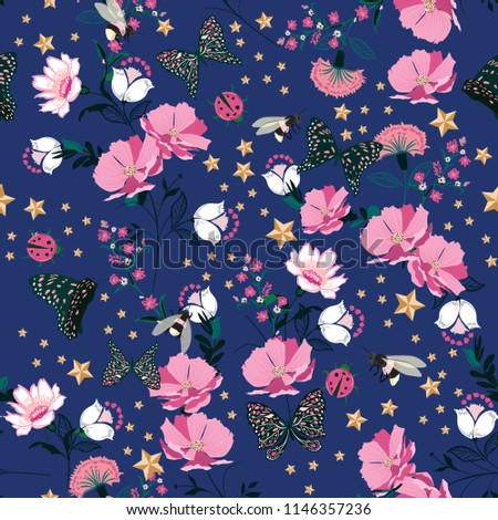Colorful Retro pink blooming flowers in the night with insect,bees,butterfly,ladybug,with vintage stars seamless pattern vector repeat for fashion ,fabric and all prints on fresh blue background color