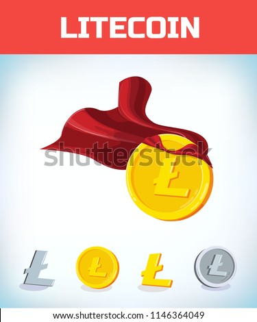 Funny super hero businessman flying litecoin. Miner bit coin digital currency cryptocurrency. Orange coin with litecoin symbol isolated white background. Virtual money concept. 