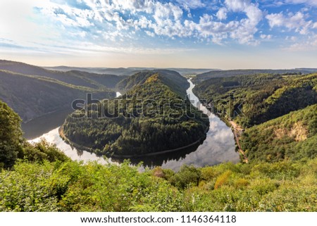 Unique landscape and landmark of the Saarland with a view to Saar river bend in Germany Royalty-Free Stock Photo #1146364118