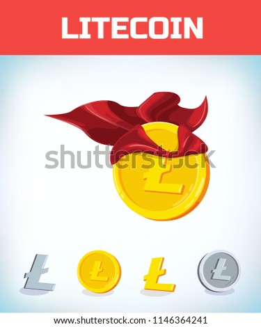 Funny super hero businessman flying litecoin. Miner bit coin digital currency cryptocurrency. Orange coin with litecoin symbol isolated white background. Virtual money concept. 