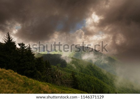 Dramatic sky clouds in Carpathian mountains